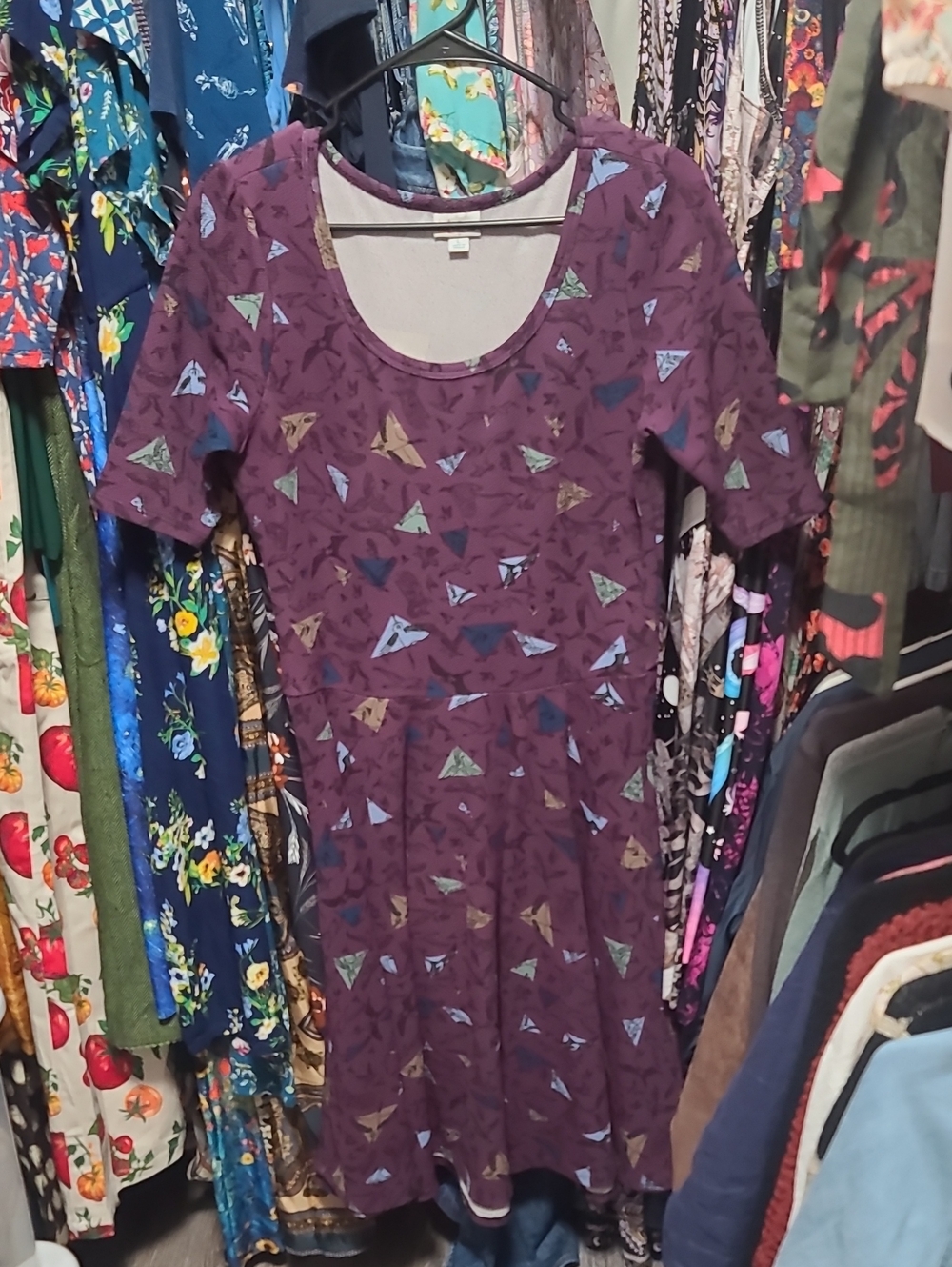 LuLaRoe Purple Short-Sleeve Scoop Neck Fit-and-Flare Dress with Triangle Print